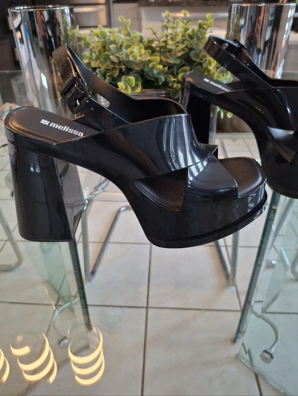 Melissa Black Glossy Platform Slingback Heels